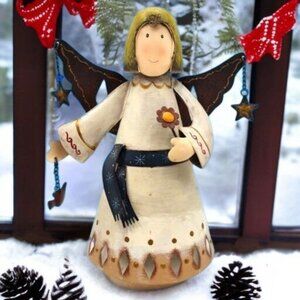 Primitive Folk Art Angel Tree Topper Metal Swinging Body Movement & Star Accents